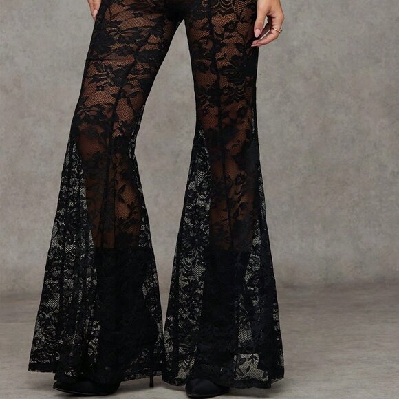 Black Sexy Women's sheer Lace Night Out ultra flared pants - Picture 2 of 6